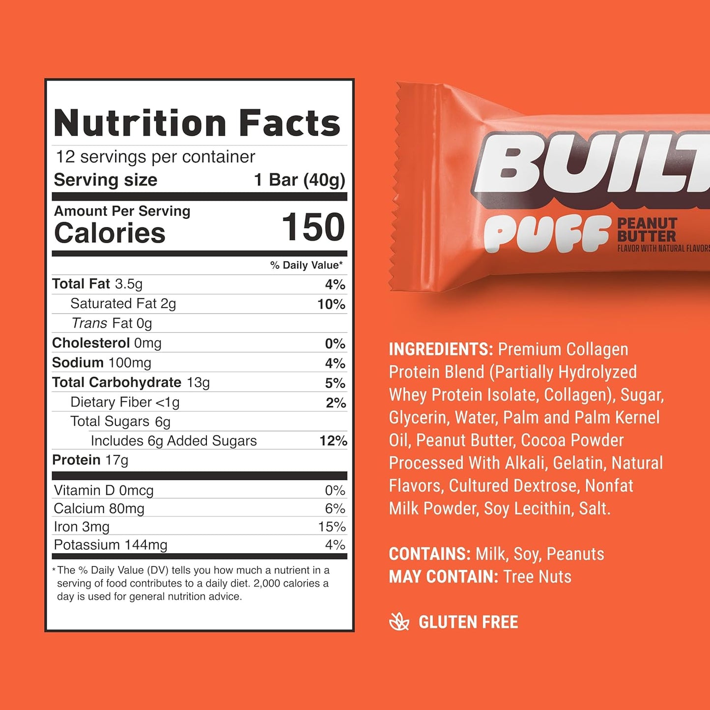 Built Bar Protein Bars, 17g Protein,  Only 160 Calories, 6g Sugar